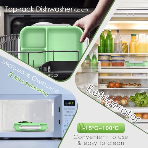 WHALEHOUSE Large Capacity Bento Box for Adult, 1700ML 3 Compartments Lunch Box with Utensil, Airtight Food Container with Lids for Meal Prep, Microwave/Dishwasher/Freezer Safe, On the Go (Green) - color: 1700mL-Green