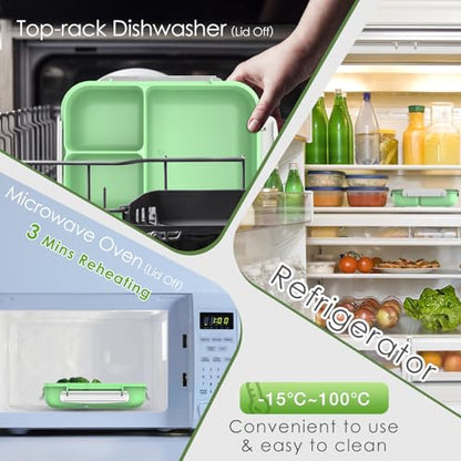 WHALEHOUSE Large Capacity Bento Box for Adult, 1700ML 3 Compartments Lunch Box with Utensil, Airtight Food Container with Lids for Meal Prep, Microwave/Dishwasher/Freezer Safe, On the Go (Green) - color: 1700mL-Green