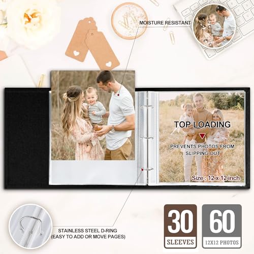 Lanpn Photo Album Scrapbook 12x12, Linen Cover Wreath Design Top Load 3 Ring Folder Binder Photobook Photo Book 12 x 12 inch with 30 Plastic Sleeves 60 Pages Beige - color: Beige, size: 12x12"