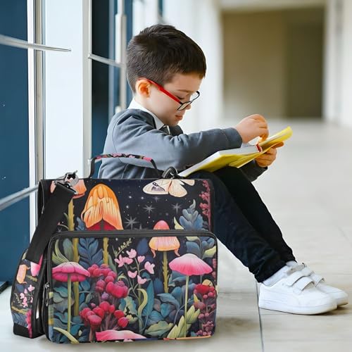 Butterflies Mushrooms Zipper Binder with Shoulder Strap & Handle for Easy Carry, 1.5 Inch 3-Ring Binder for School, Expansion Panel and Expanding File