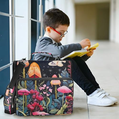 Butterflies Mushrooms Zipper Binder with Shoulder Strap & Handle for Easy Carry, 1.5 Inch 3-Ring Binder for School, Expansion Panel and Expanding File