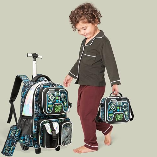 School Kids Rolling Backpack for Boys 17" Multiple Function Pockets - color: Blue-4104-lg