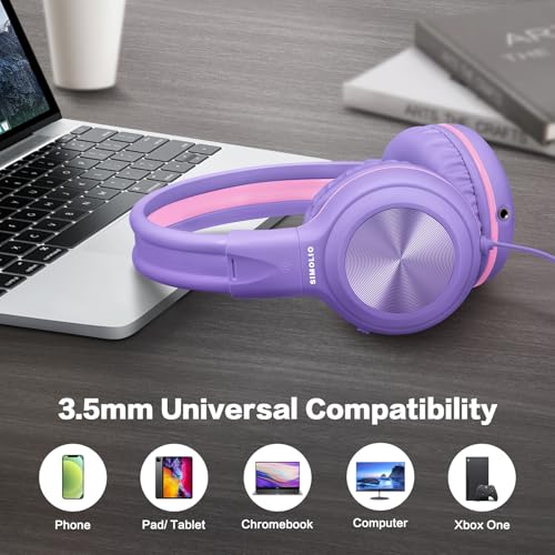 SIMOLIO Manyshare Series- Wired Headphones for Kids, Girls School Headphone with Microphone & Share Port & Volume Limit, Foldable Durable Over Ear Headsets for Tablet Travel Airplane Teens (Purple) - color: Medium Purple