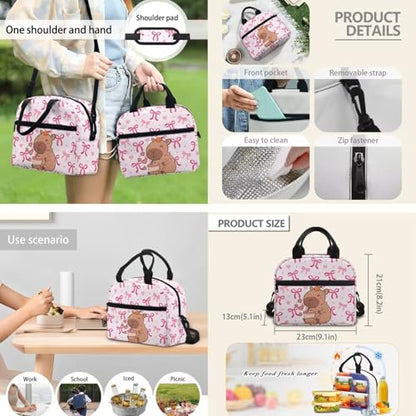 Teen Backpack with Matching Insulated Lunch Bag and Pencil Case Set for High School Middle School, Capybara 3-in-1 Bookbag Lunchbox Pouch for Girls, Durable Casual Daypack - color: Pink Bows-capybara