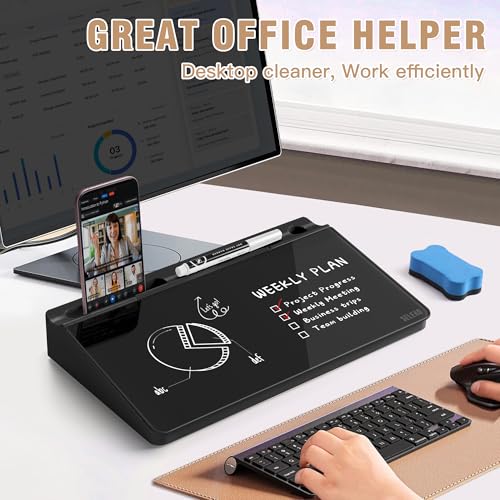 SELEAD Desktop Glass Whiteboard with Storage, Small Dry Erase White Board Computer Pad Keyboard Stand for Home, School, Office Desk Accessories - Black - color: Black
