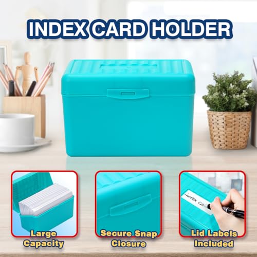 H4D 4x6 Index Card Holder with 100 Index Cards and 25 Dividers, Teal | 4x6 Inch Plastic Box, Heavyweight 4x6 Index Cards, Plastic 4x6 Index Card Dividers, Snap Closure Lid - color: Teal, size: 4"x6"