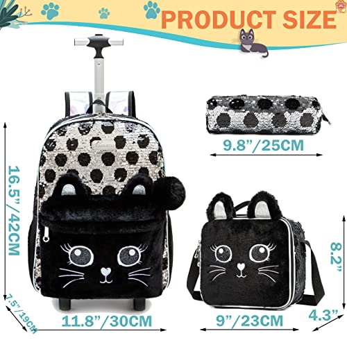 Girls Kids Rolling Backpack with Wheels Trolley School Bag Waterproof Travel Luggage for Kids Girls and Students lunch bag Lightweight and Multi functional 5-10 Years Old - color: Black Cat