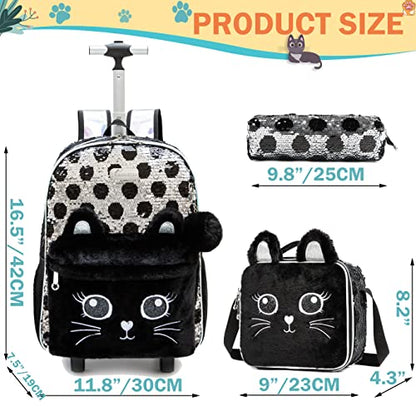 Girls Kids Rolling Backpack with Wheels Trolley School Bag Waterproof Travel Luggage for Kids Girls and Students lunch bag Lightweight and Multi functional 5-10 Years Old - color: Black Cat