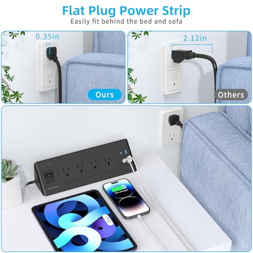 PAEWOK Desk Clamp Power Strip with 4 Outlets 4 USB Ports (2 USB C), Black | 6.5ft Flat Plug Extension Cord, Fit 1.9 inch Tabletop Edge, Desktop Mounted, Surge Protector, Desk Charging Station