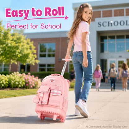 gxtvo 3PCS Rolling Backpack for Girls, Women Wheeled Bookbag with Lunch Box for Adults, Kids Water Resistant Roller School Bag for Teens Travel - Pink - color: 3pcs Set Pink