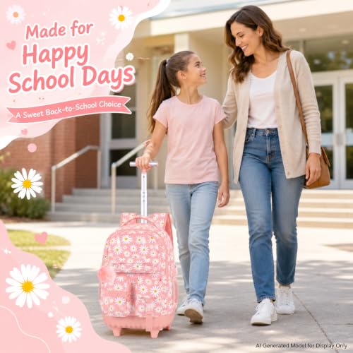 CCJPX 3Pcs Rolling Backpack for Girls, Roller Wheeled School Bookbag, Daisy Wheels Backpacks with Lunch Box for Kids (Pink) - color: Daisy Pink