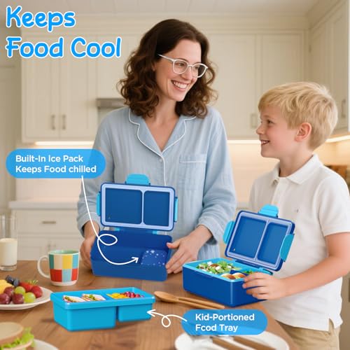 Dinosaur Bento Lunch Box for Kids – 12 oz Stainless‑Steel Soup Thermo & 3‑Compartment Leak‑Proof Food Container with Built‑In Ice Pack, Insulated Food Jar for Boys & Girls, School & Travel - color: Blue-Dinosaur