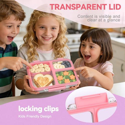 Stainless Steel Bento Box for Kids, 3-Compartment Metal Lunch Box with Clear Lid & Removable Silicone, Lunch Box Kids with Silicone Inner Container for Meal Prep, School, Office (Pink) - color: Pink