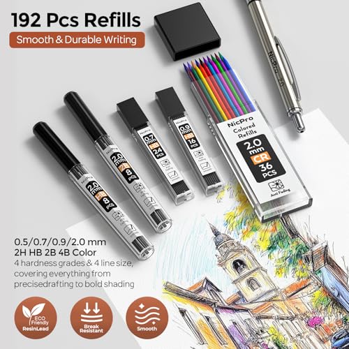 Nicpro 6PCS Art Mechanical Pencil Set, 3PCS Metal Drafting Pencil 0.5 mm & 0.7 mm & 0.9 mm & 3PCS 2mm Lead Pencil Holder (4B 2B HB 2H Colors) For Sketching Drawing With Lead Refills Erasers Case - style: 6 Pack (0.5mm+0.7mm+0.9mm+2.0mm)