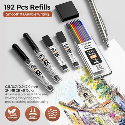 Nicpro 6PCS Art Mechanical Pencil Set, 3PCS Metal Drafting Pencil 0.5 mm & 0.7 mm & 0.9 mm & 3PCS 2mm Lead Pencil Holder (4B 2B HB 2H Colors) For Sketching Drawing With Lead Refills Erasers Case - style: 6 Pack (0.5mm+0.7mm+0.9mm+2.0mm)