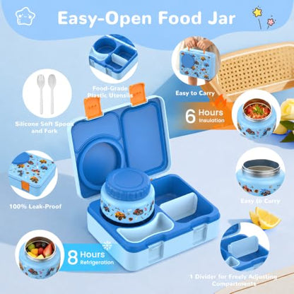 Kids Lunch Box with Thermo, Leakproof Bento Box for Kids with 8OZ Insulated Food Jar, Ice Pack, Sauce Cup, Utensils, Removable Tray & Dividers for School Daycare Travel (Trucks) - color: Trucks