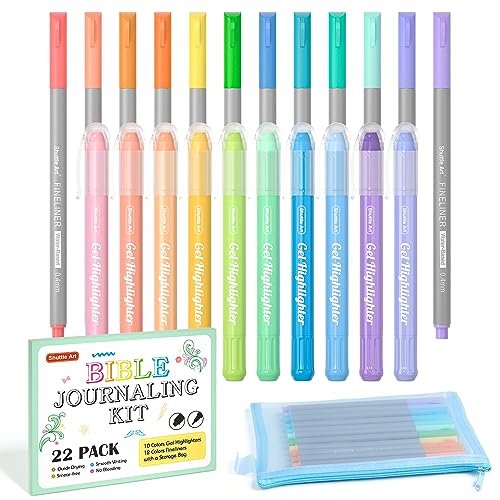 Shuttle Art Bible Highlighters and Pens No Bleed, 22 Pack Bible Journaling Kit, 10 Colors Gel Highlighters and 12 Colors Fineliner Pens with a storage bag, Bible Markers No Bleed Through - size: 1 Count (Pack of 22)