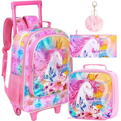 WZLVO 4PCS Rolling Backpack for Girls,Kids Unicorn Bookbag with Roller Wheels, Suitcase School Bag Set for Toddler Elementary - color: Unicorn BY
