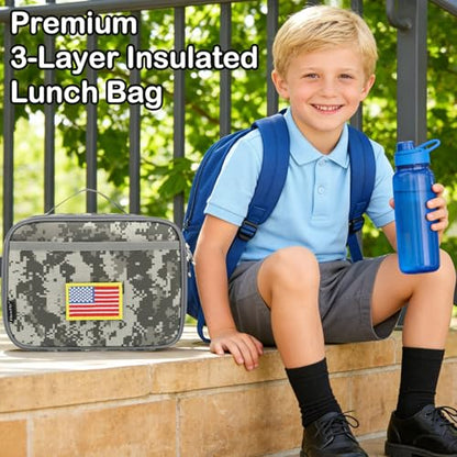 FlowFly Kids Lunch box Insulated Soft Bag Mini Cooler Back to School Thermal Meal Tote Kit for Girls, Boys, Free USA Flag Patch Included - color: Digital Camo with Flag