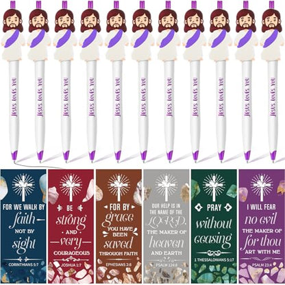 CroBlissful 48 Pcs Jesus Pens Bulk Christian Gift for Kid Jesus Loves You Sunday School Prize Religious Easter Gift Bible Verse Ballpoint Pen with Bookmarks for Catholic Easter(Classic Style) - style: Classic Style