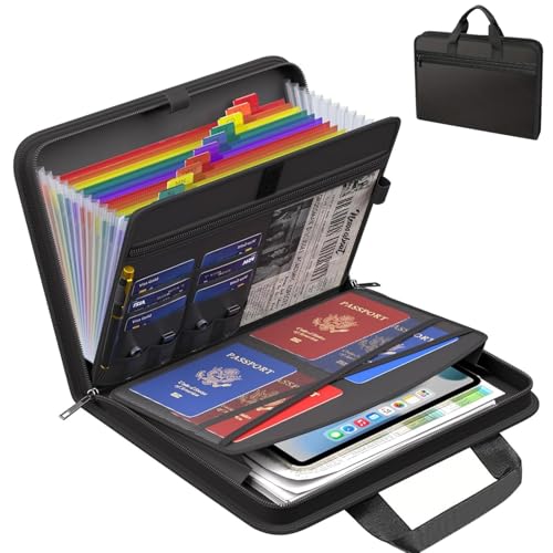 Fireproof Expanding File Organizer with Handle, Thickened Document Organizer 13 Pocket with Labels, Portable Handheld Accordion File Folder for Letter A4 - color: Black Outside, Colorful Inner