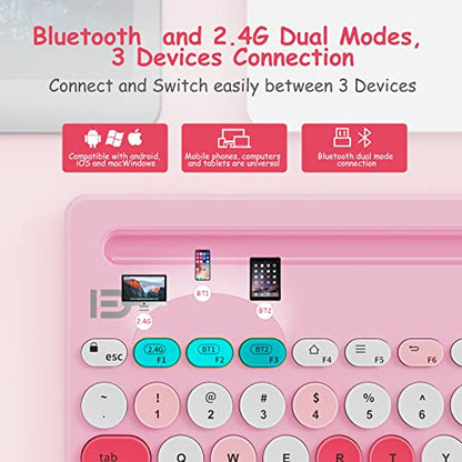 HUO JI Wireless Keyboard Multi-Device, Bluetooth and 2.4G Dual Mode for iPad, Switch to 3 Devices for Tablet, iPhone, PC, Smart TV, Cellphone, iOS Android Windows, Pink - color: Pink