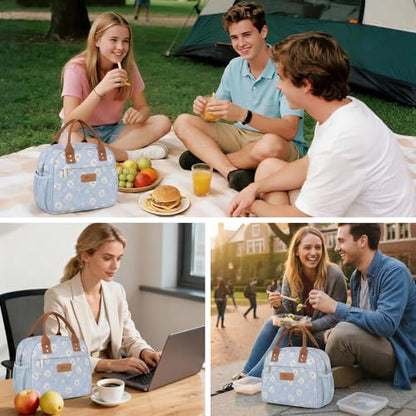 HOMESPON Insulated Lunch Bag for Women Men, Cooler Tote Box, Blue Daisy | Front Pocket, Side Mesh Pockets, Reusable, for Work, Picnic, Food Container - color: Blue Daisy