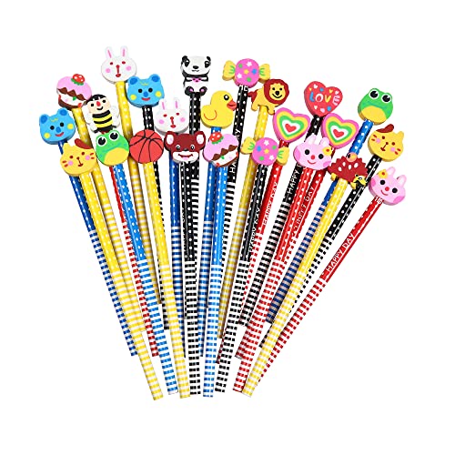28PCS Assorted Cartoon Stripe Pencils with Fruit Animal Top Eraser for Kids | Topper for Kids School Supplies and Children Prize Gifts (28)