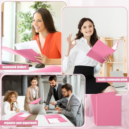 Gueevin 24 Pcs Plastic Folders with Pockets, Back to School Two Pocket Folder Fit Letter Size, Heavy Duty School Business Card Holder for Home Office, 11. 61 x 9. 45 Inches (Pink) - color: Pink