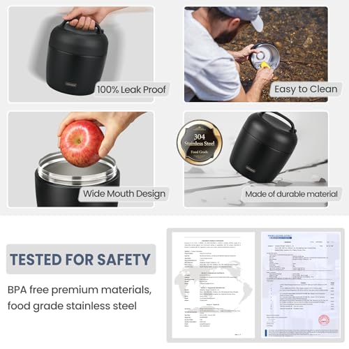 wiwens Thermo Food Jar for Hot Food Adults 32OZ Soup Thermo Lunch Containers Wide Mouth Vacuum Insulated Stainless Steel Leakproof Bento Box with Spoon - color: Black3