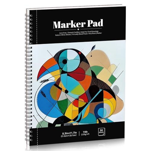 50 Sheets Marker Paper Pad, 8.3×11.7 Inch Bleedproof Art Sketch Pad, 73lb/120gsm Drawing Paper Spiral Sketch Book, Alcohol Marker Paper Painting Coloring Paper for Beginners, Artists, Gift - size: 8.3×11.7 inch (50 Sheets )