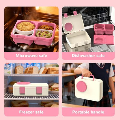 Bento Box for Kids, Leakproof Kids Bento Lunch Box Container with 8oz Insulated Thermo Food Jar, Sauce Jar, Utensil, DIY Stickers for School Boys Girls, 3-4 Compartments, BPA-Free - color: Beige Pink