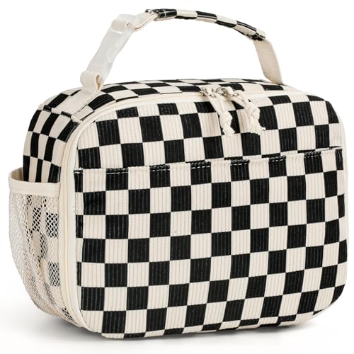 Corduroy Lunch Bag for Women Kids Small Insulated Lunch Box Girls | Cute, Handle with Buckle, PEVA Lining, Keeps Food Fresh Hours, Holds Containers Bottles Utensils, for School Work Travel - color: Black White Checkered