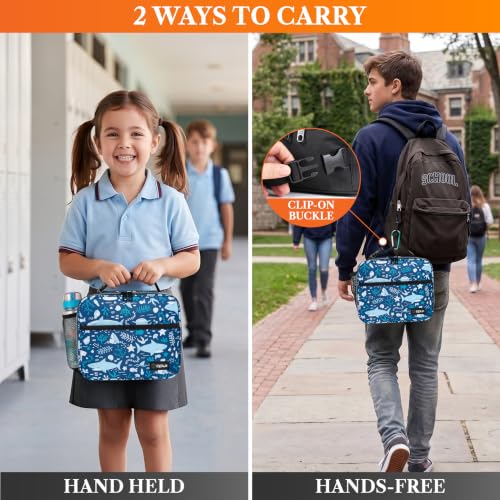 opux Insulated Lunch Bag for Kids, Reusable Lunch Box for School with Leakproof Lining, Compact Soft Cooler Tote for Boys & Girls, Front Pocket, Mesh Side Bottle Holder (Blue Shark) - color: Blue Shark