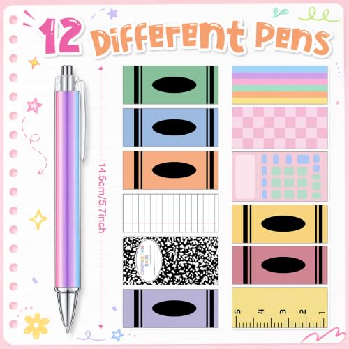 Cholemy 48 Pcs Composition Notebook Pens Bulk Pack, 12 Styles Retractable Ballpoint Pens, Cute School Themed Pen for Teachers Students Classroom Prizes Back to School Gifts Office Supplies - style: Composition Notebook