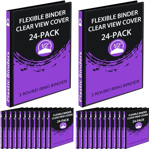 Fulmoon 24 Pcs 3 Ring Plastic Binders Bulk with 2 Pockets Flexible Binder with Transparent View Cover Plastic Binder for Home Office(1/2 Inch,Black) - color: Black, size: 1/2 Inch