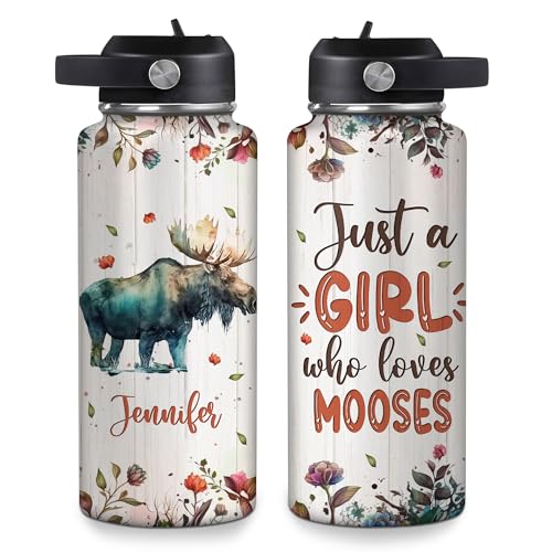 Hyturtle Personalized Moose Water Bottle - Travel Insulated Stainless Steel Bottle with Leak-Proof Lid 18oz 32oz - Cute Animal Gift for Women, Girls, Moose Lovers - Birthday & Christmas Gift - color: Moose