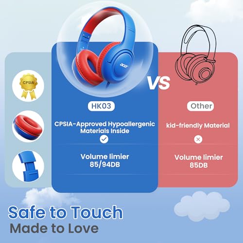 acer Kids Headphones - Over-Ear 85/94dB Volume Limiter, 3.5mm Jack Foldable Stereo Sound Headset for Toddlers Girls Boys Travel Learning Entertainment Tablet Kindle iPad PC,Blue Red, HK03 - color: Blue Red