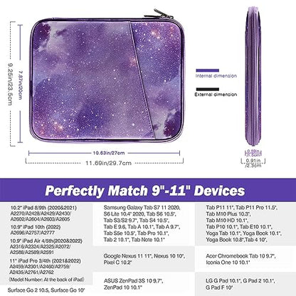 MoKo 9-11 Inch Tablet Sleeve Bag Carrying Case with Accessory Pocket | Fits iPad Air 5/4th 10.9, iPad Pro 11 M2, iPad 10th 10.9, Galaxy Tab S9 11 and Tab S8/A8/A7, Purple Starry Sky - color: Purple Starry Sky, size: 9-11 Inch