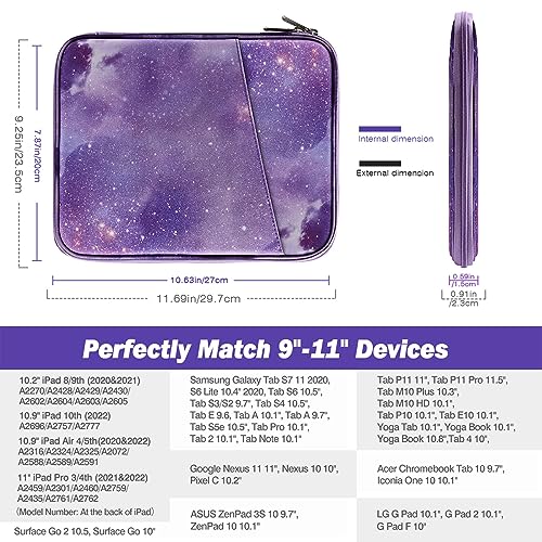 MoKo 9-11 Inch Tablet Sleeve Bag Carrying Case with Accessory Pocket | Fits iPad Air 5/4th 10.9, iPad Pro 11 M2, iPad 10th 10.9, Galaxy Tab S9 11 and Tab S8/A8/A7, Purple Starry Sky - color: Purple Starry Sky, size: 9-11 Inch