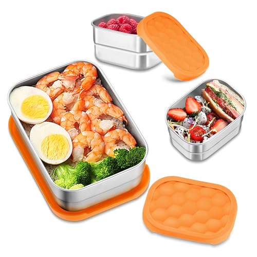HaWare 8oz*2+25oz Stainless Steel Lunch Containers, Leak Proof Food Storage Snack Containers with Silicone Lids, Portable Sandwich Containers, Easy Open Bento Lunch Box for School Daycare - color: Orange, size: 8oz×2+25oz×1