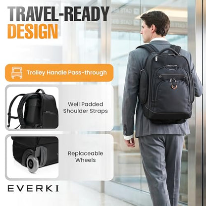 EVERKI Atlas Wheeled 2 Rolling Backpack - Business 30L Travel Backpack with Grey Replaceable Wheels for Professional, RFID-Blocking, Books, Quick-Access Pocket & 13" to 17.3" Laptops - (EKP122BG-ECO) - size: Atlas Wheeled V2 - Grey - 30L