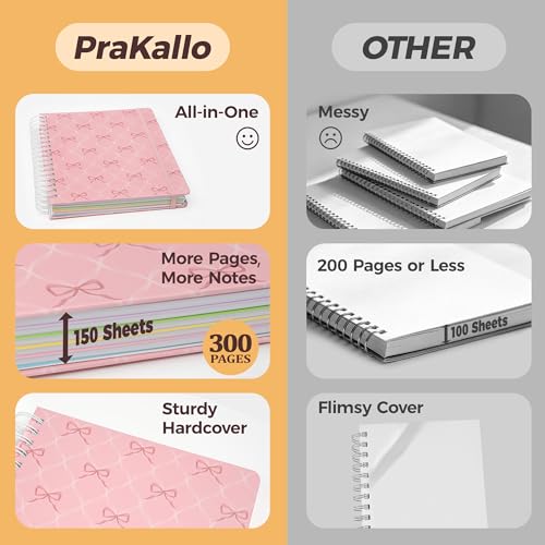 Hardcover Spiral Notebook Journal for Women & Men, Cute 5 Subject Notebook College Ruled for School & Work, Pink Journaling Notebooks with Removable Dividers Tabs, 8" x 10", 300 Pages, Bows - color: Pink Bow