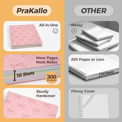 Hardcover Spiral Notebook Journal for Women & Men, Cute 5 Subject Notebook College Ruled for School & Work, Pink Journaling Notebooks with Removable Dividers Tabs, 8" x 10", 300 Pages, Bows - color: Pink Bow