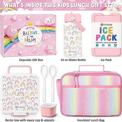 Fimibuke Kids Bento Lunch Box with 4 Compartments, Insulated lunch Bag, Stainless Steel Insulated Water Bottle, Ice Pack & Utensils Set, Birthday Gifts for Ages 3-12 Back to School Toddler Girls Boys - color: A10. Rainbow