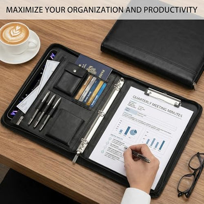 Zippered Padfolio with 3-Ring Binder & Clipboard, PU Leather Portfolio Organizer for Men Women, A4 Document Holder with Phone Pocket Pen Loops Card Slots, Professional Business Interview Folder Black - color: Black