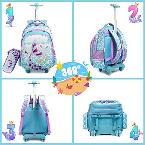 Meetbelify Girls Rolling Backpack Wheels Backpacks Kids Luggage for Elementary Preschool Students Cute Suitcase Trolley Trip Wheeled Mermaid Backpack with Lunch Box for Girls - color: 01 Blue Mermaid
