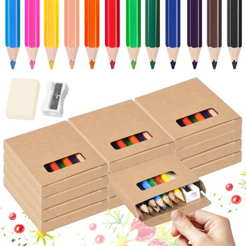 WXJ13 12 Sets Mini Drawing Colored Pencils Mini Colored 3.5 Inch Portable Short Fat Pencils Bulk with Sharpener Eraser for Child Painting,12 Different Color Per Boxes