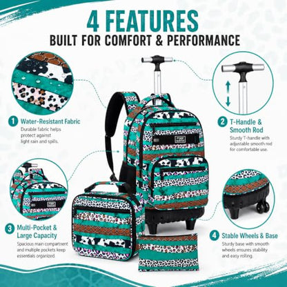 AGSDON Bold Leopard Stripe Wheeled Backpack Set – 20” Girls Rolling Bookbag with Matching Lunch Box for Travel, Commute & School | Water-Resistant Fashion Roller Organizer in Green - color: Rolling Backpack Set - Leopard Stripe Green