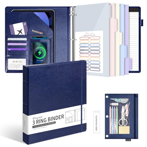 Ospelelf Leather 3 Ring Binder for Letter Size Documents with Durable Pocketed Dividers, Storage Bag & Notepad, 1 Inch Round Rings, Holds 175 Sheets, for Office School Home Organization, Deep Blue - color: Deep Blue